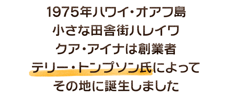1975年ハワイ・オアフ島小さな田舎街ハレイワクア・アイナは創業者テリー・トンプソン氏によってその地に誕生しました